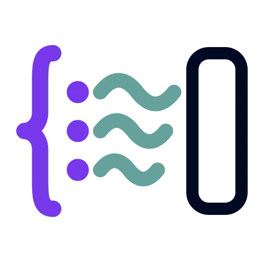 The dataclassish logo: a purple brace opening three fields, each a purple dot and a wavy teal tilde, beside a plain navy box.